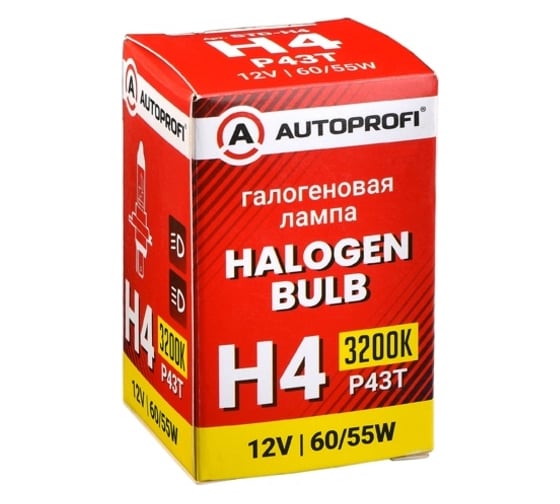 Автомобильная галогенная лампа AUTOPROFI H4, 12V, 60/55W, (P43T),1 шт, STANDARD STD-H4