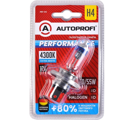 Автомобильная галогенная лампа AUTOPROFI H4, 12V, 60/55W, (P43T),1 шт, +80% PERFORMANCE PRF-H4