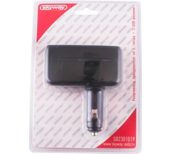 Разветвитель прикуривателя SKYWAY 2 гнезда + 2 USB черный предохранитель 5 А S02301019