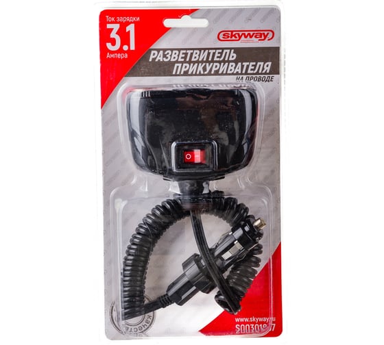 Разветвитель прикуривателя SKYWAY 2 гнезда + 2 USB 3.1 А S00301037