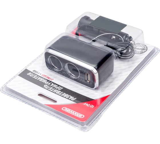 Разветвитель прикуривателя SKYWAY 2 гнезда + USB черный, предохранитель 10 А, USB 1 A S02301016