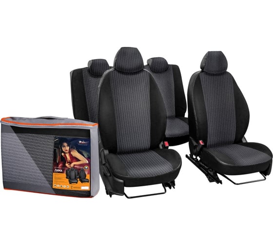 Чехлы Airline для Ford Focus II 04- Лима , 13 предметов, задняя спинка 1/3 с молнией, жаккард-кожзам, черные ACCS-L-21