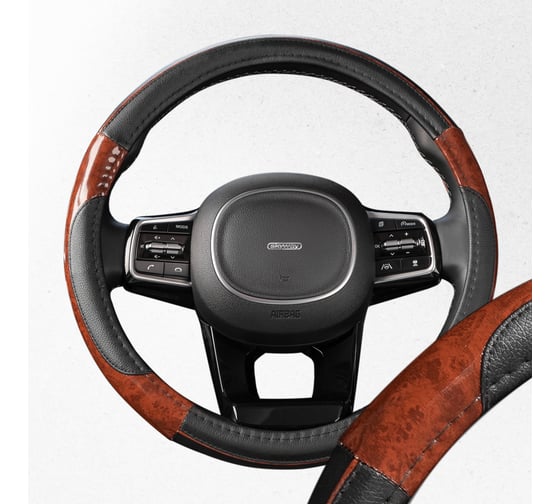 Оплетка SKYWAY Wood-7 M Черная экокожа с вставками под дерево S01102326