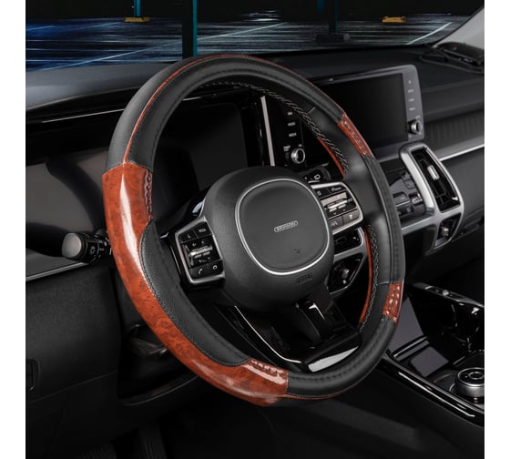 Оплетка SKYWAY Wood-7 M Черная экокожа с вставками под дерево S01102326
