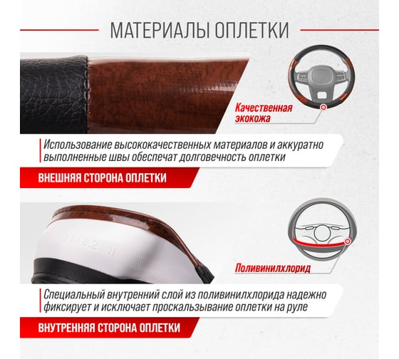 Оплетка SKYWAY Wood-7 M Черная экокожа с вставками под дерево S01102326