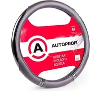 Оплетка руля AUTOPROFI экокожа, 4 вставки из ПВХ под карбон, прострочка в цвет, гладкая черый, разм. М AP-1412 BK/BK (M)