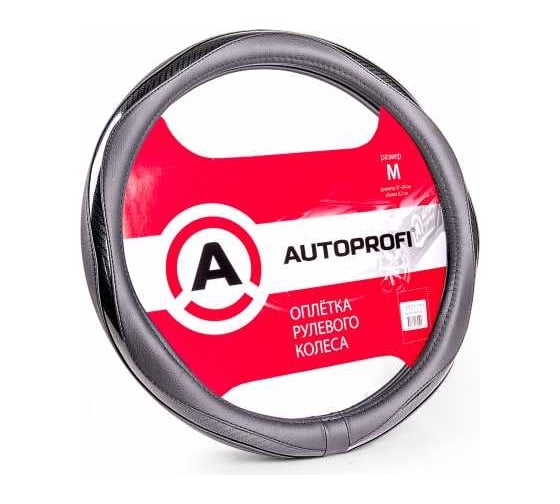 Оплетка руля AUTOPROFI экокожа, вставка из ПВХ под карбон, гладкая, черный, разм. М AP-1413 BK/BK (M) 1