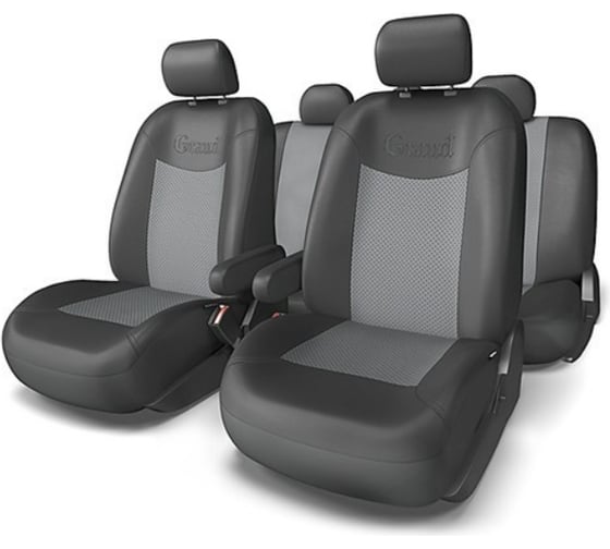 Авточехлы AUTOPROFI GRAND, искусствен. кожа, 13 предм., карман, 6 молний чёрн./т.серый, разм. М GND-1305G BK/D.GY (M)