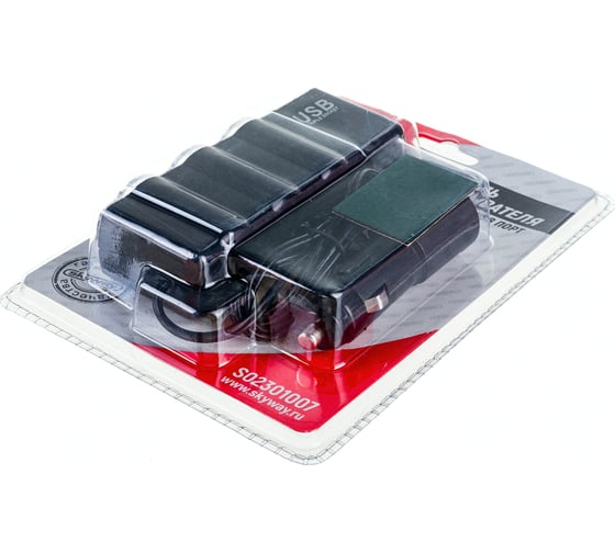 Разветвитель прикуривателя 3 гнезда + USB SKYWAY черный, предохранитель 5А, USB 1A S02301007