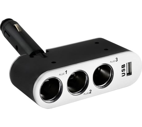 Разветвитель прикуривателя 3 гнезда + USB SKYWAY черный, предохранитель 5А, USB 1A S02301006