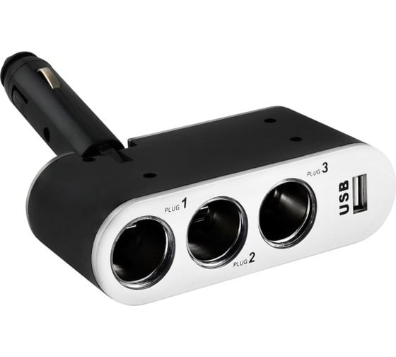 Разветвитель прикуривателя 3 гнезда + USB SKYWAY черный, предохранитель 5А, USB 1A S02301006 1