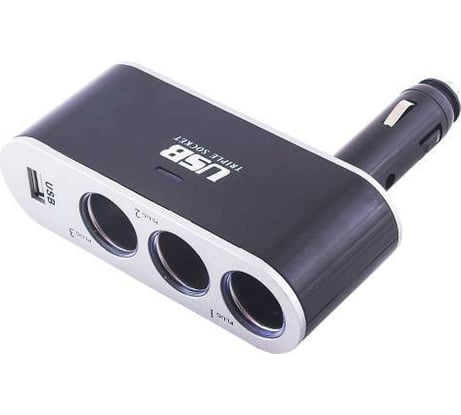 Разветвитель прикуривателя 3 гнезда + USB SKYWAY черный предохранитель 5А, USB 2A S02301022