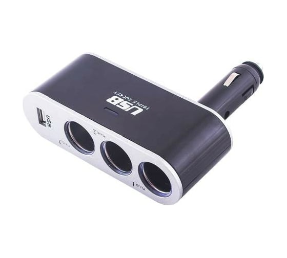 Разветвитель прикуривателя 3 гнезда + USB SKYWAY черный предохранитель 5А, USB 2A S02301022