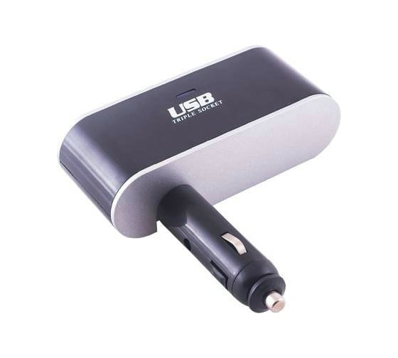Разветвитель прикуривателя 3 гнезда + USB SKYWAY черный предохранитель 5А, USB 2A S02301022