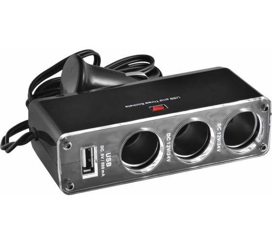 Разветвитель прикуривателя 3 гнезда + USB SKYWAY черный, предохранитель 5А, USB 1A S02301008