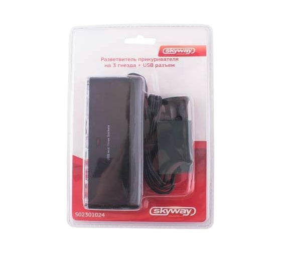 Разветвитель прикуривателя 3 гнезда + USB SKYWAY черный предохранитель 5А, USB 2000mA S02301024