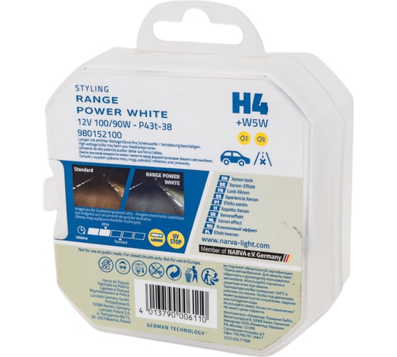 Автолампа NARVA H4 100 90 P43t-38 RANGE POWER WHITE 4500K 2шт+2шт W5W 12V 1 10 NEW 980152100