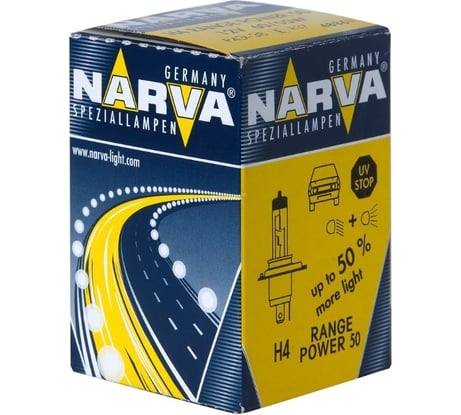 Автолампа H4 60 55 P43t-38+50 RANGE POWER 12V 1 10 100 HIT Narva 488613000