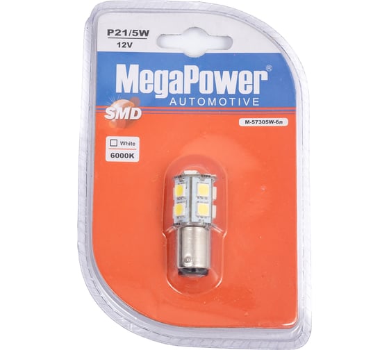 Автолампа MEGAPOWER P21/5W BAY15d 13 SMD 5050 WHITE блистер 260лм 6000K 12V M-57305Wбл 15973580