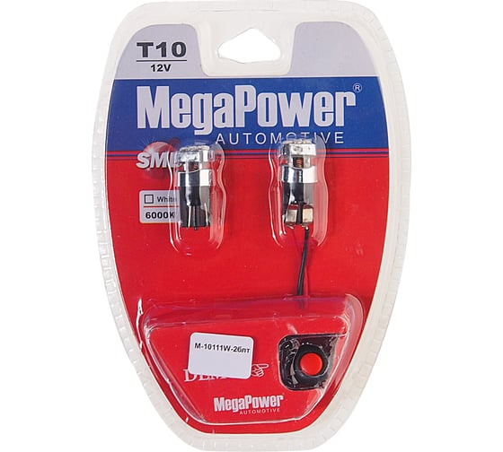 Автолампа MEGAPOWER T10W W2,1x9,5d 3 SMD 2835 WHITE блистер 2 шт 6000K 54лм 12V 1 50 M-10111W-2блт