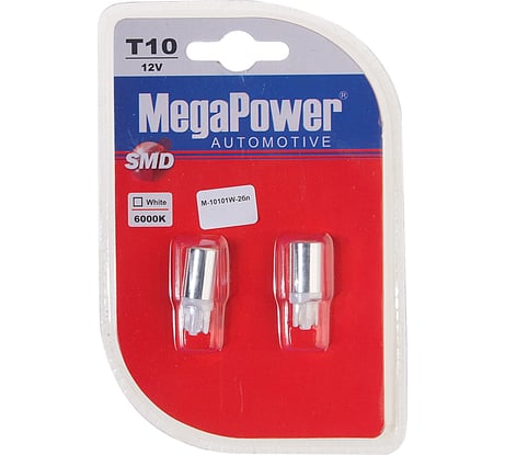 Автолампа MEGAPOWER T10W W2,1x9,5d 1 SMD 5050 WHITE 6000K 20лм 12V M-10101W-2бл
