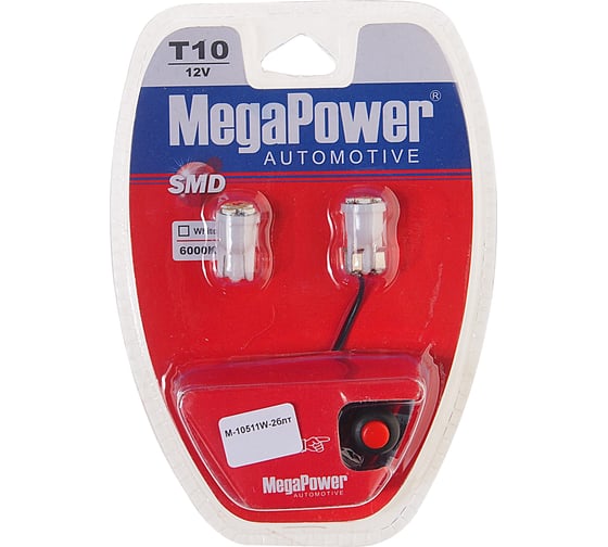 Автолампа с тестером MEGAPOWER T10W W2,1x9,5d 6 SMD 3528 WHITE блистер 2шт M-10511W-2блт