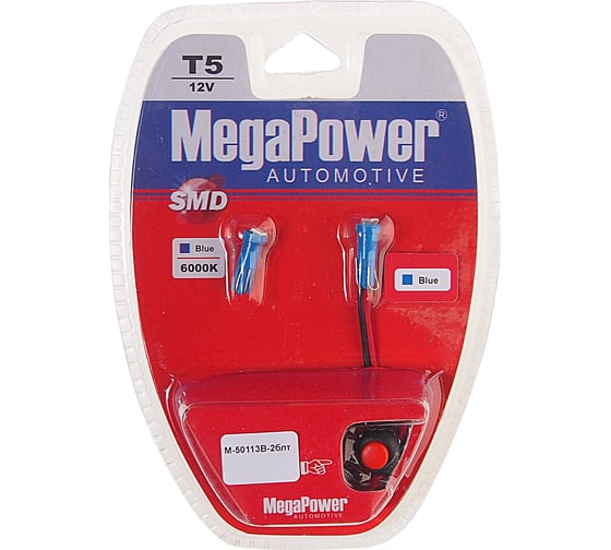 Автолампа с тестером MEGAPOWER T5 W2*4.6d 1 SMD 3528 BLUE блистер 2шт 4лм 12V M-50113B-2блт 1