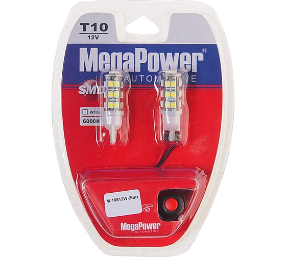 Автолампа с тестером MEGAPOWER T10W W2,1x9,5d 25 SMD 3528+5050 WHITE блистер 2 шт M-10812W-2блт