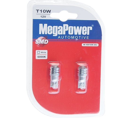 Автолампа MEGAPOWER T10W W2,1x9,5d 1 SMD CREE WHITE блистер 2 шт 6000K 80лм 12V M-10916W-2бл 1