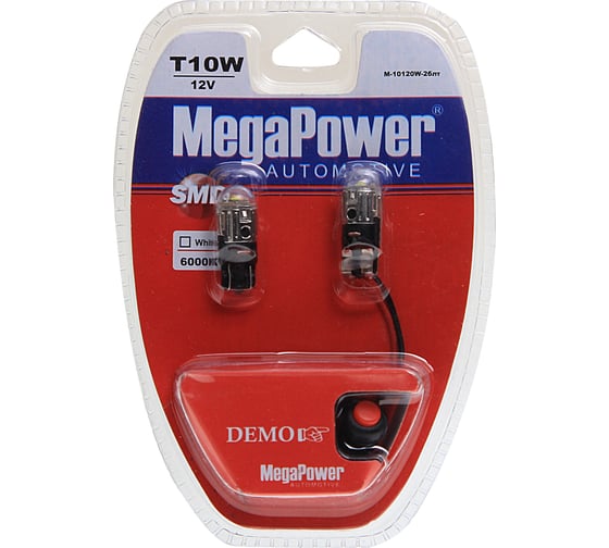 Автолампа с тестером MEGAPOWER T10W W2,1x9,5d 1 SMD CREE WHITE блистер 2 шт M-10120W-2блт 1