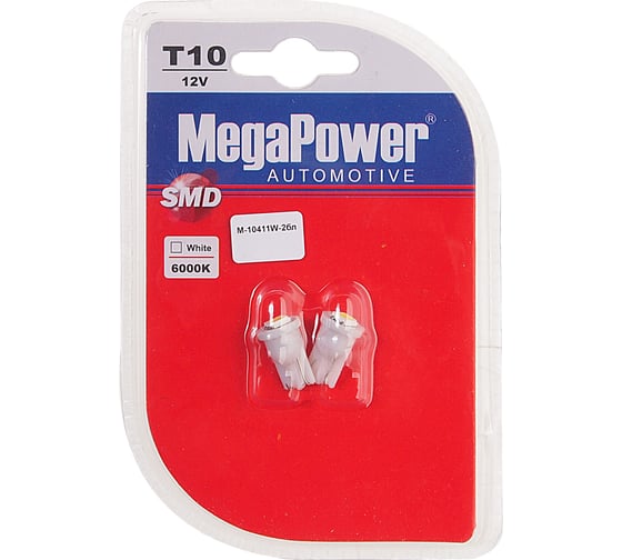 Автолампа MEGAPOWER T10W W2,1x9,5d 1 SMD 5050 WHITE блистер 2шт M-10411W-2бл