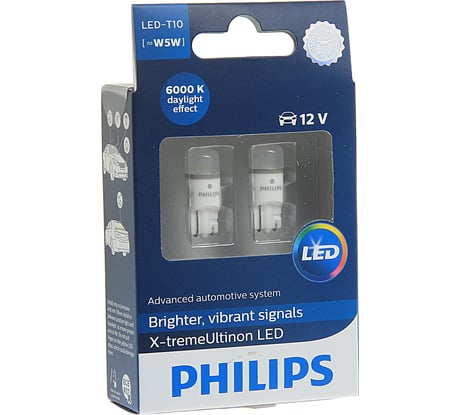 Автолампа PHILIPS T10W W2.1x9.5d X-tremeVision LED 6000K блистер, 2шт 12V 127996000KX2