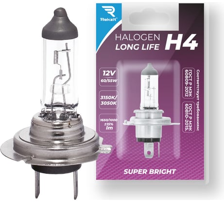Галогенная лампа Rekzit H4 12 V60/55W P43T longlife 1шт. в блистере 90043