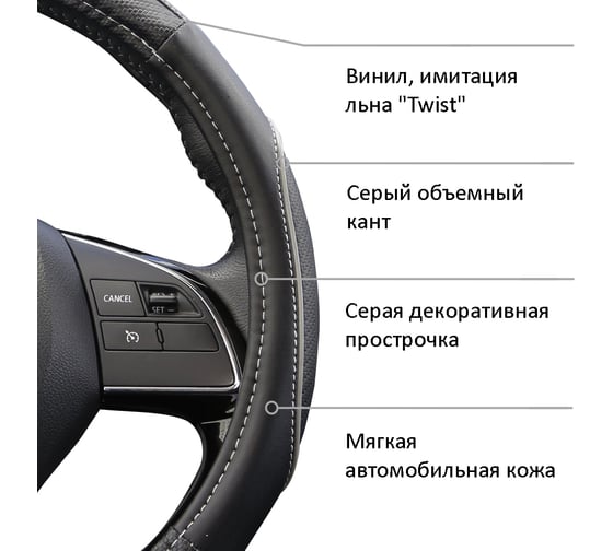 Оплетка на руль AZARD GROUP SIGMA экокожа, вставки Карбон под хват с серой окантовкой, M, черный OPLA0180