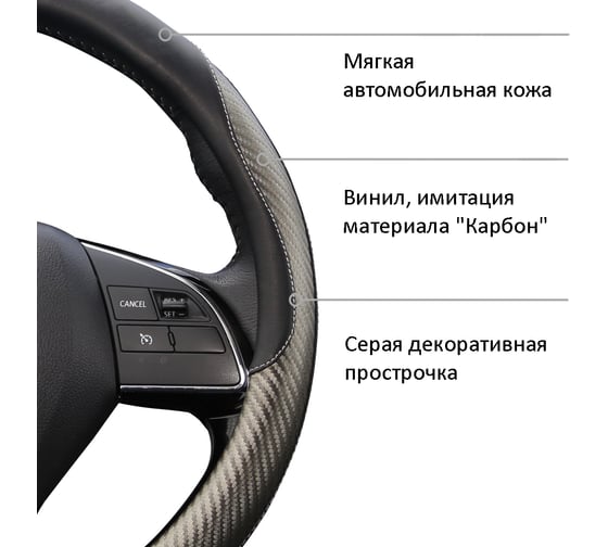 Оплетка на руль AZAR GROUPD RACE экокожа, вставки Карбон, прострочка серая, M, черный OPLA0170