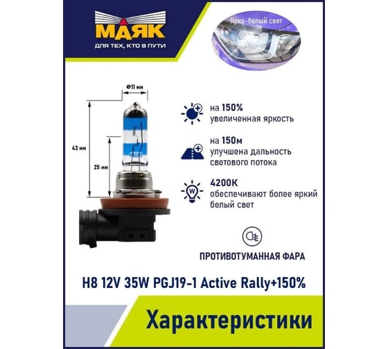 Автомобильная галогенная лампа МАЯК H8, 12 В, 35 Вт, PGJ19-1, Active Rally +150%, 2 шт. 72820AR+150