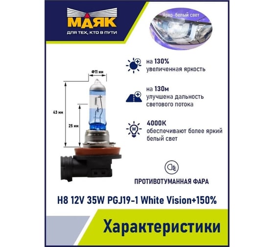 Автомобильная галогенная лампа МАЯК H8, 12 В, 35 Вт, PGJ19-1, White Vision +150% ULTRA, 2 шт. 82820WV+150