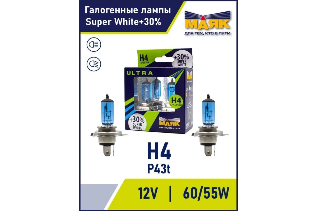 Автомобильная галогенная лампа МАЯК H4 12 В, 60/55 Вт, P43t, Super White  +30%, ULTRA, 2 шт. 82420SW+30 - выгодная цена, отзывы, характеристики, фото  - купить в Москве и РФ