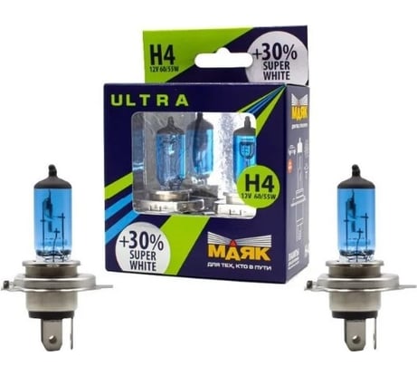 Автомобильная галогенная лампа МАЯК H4 12 В, 60/55 Вт, P43t, Super White +30%, ULTRA, 2 шт. 82420SW+30