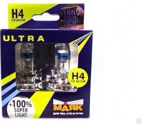Автомобильная галогенная лампа МАЯК H4, 12 В, 60/55 Вт, P43t, Super Light +100%, ULTRA, 2 шт. 82420SL+100