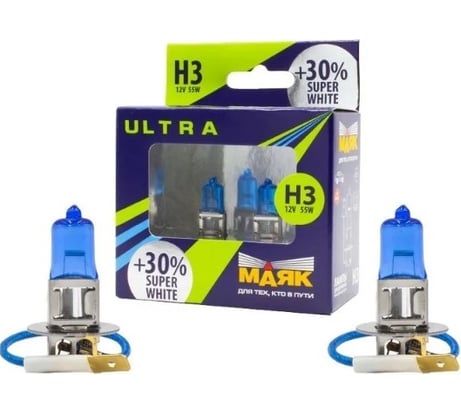 Автомобильная галогенная лампа МАЯК H3, 12 В, 55 Вт, PK22s, Super White +30% ULTRA, 2 шт. 82320SW+30