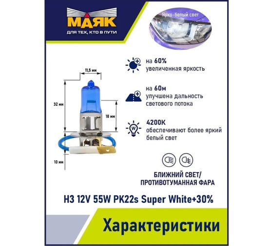 Автомобильная галогенная лампа МАЯК H3, 12 В, 55 Вт, PK22s, Super White +30% ULTRA, 2 шт. 82320SW+30