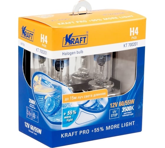 Автолампа KRAFT H4 12v 60/55w P43t Pro +55% more light KT 700201