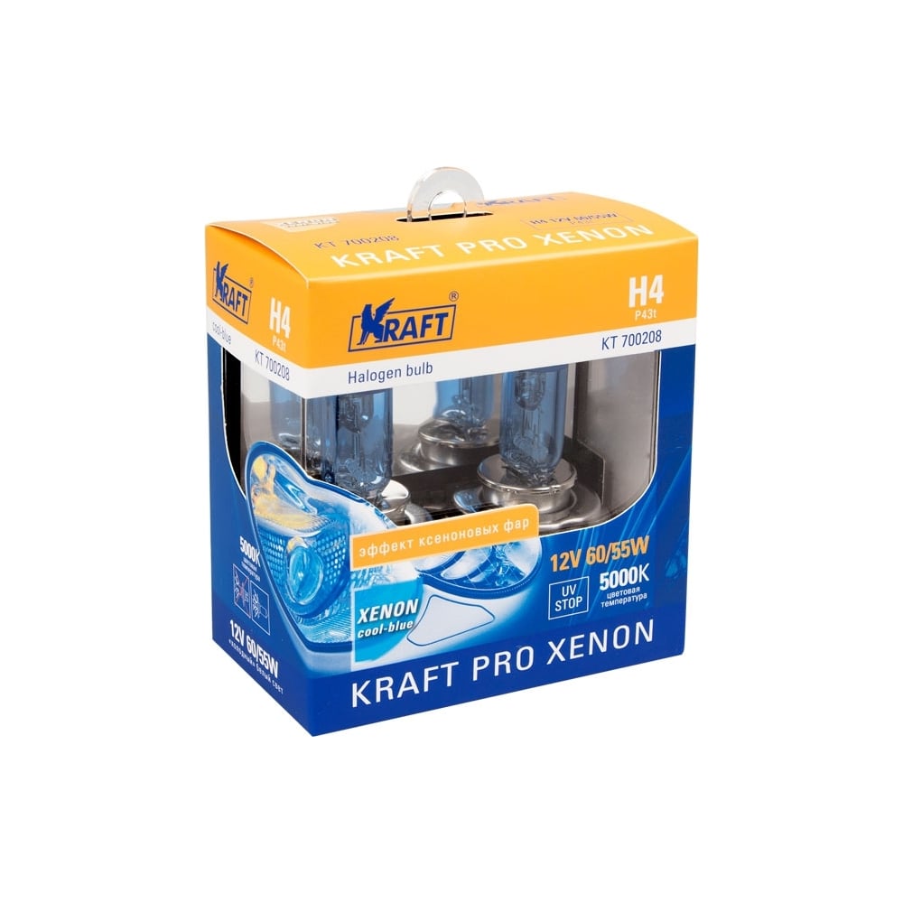Лампа галоген H4 12В 60/55 Вт "KRAFT" Р43t Pro Xenon 5000K (2 шт.)