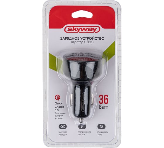 Зарядное устройство SKYWAY адаптер 12/24v, 36w, usbx3 (qc) черный S04601018