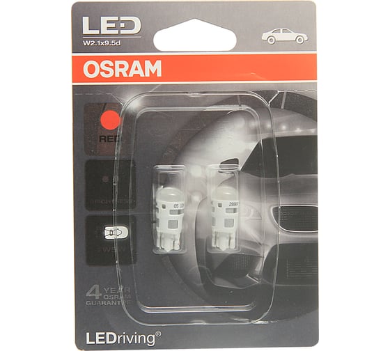 Автолампа OSRAM W5W W2.1х9.5d LED STANDART RED 2880R-02B 1