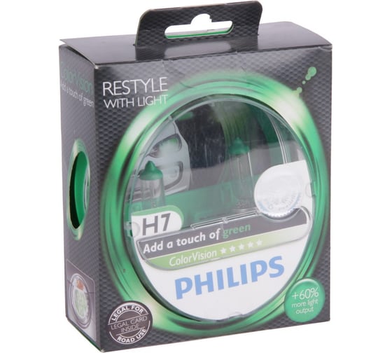 Автолампа PHILIPS H7 55 PX26d+60% COLOR VISION GREEN 3350K 2 шт. 12V, 1,5 12972CVPGS2 1
