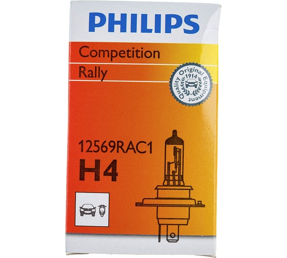 Автолампа PHILIPS H4 100, 90 P43t-38 RALLY 12V, 10,100 HIT 12569RAC1