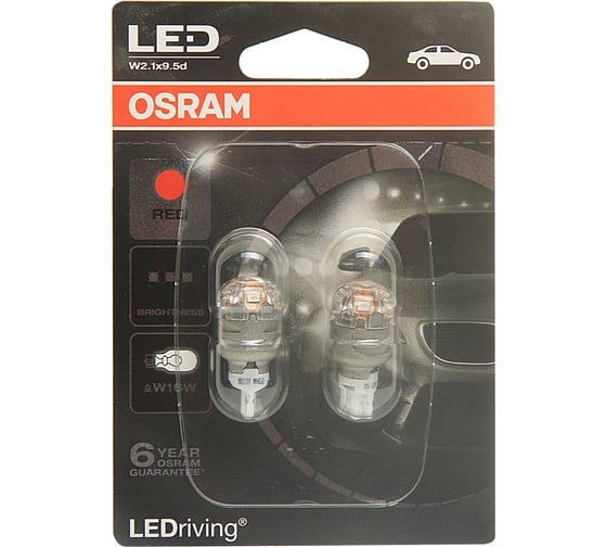 Автолампа OSRAM W16W W2.1 9.5d LED RED, 2 шт. 12V, 1,5 9213R-02B 1