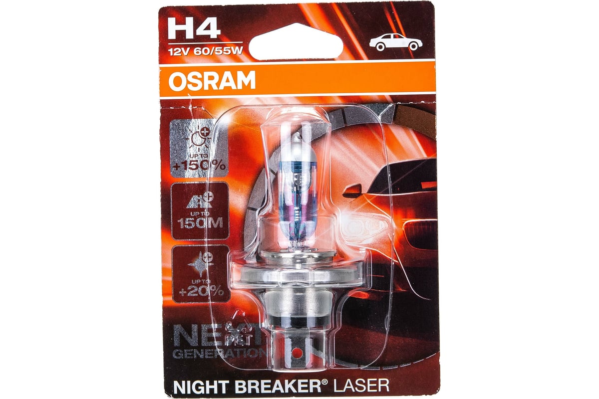 Автолампа OSRAM H4 60,55 P43t+150% NIGHT LASER 4050K 12V, 1, 10 64193NL ...